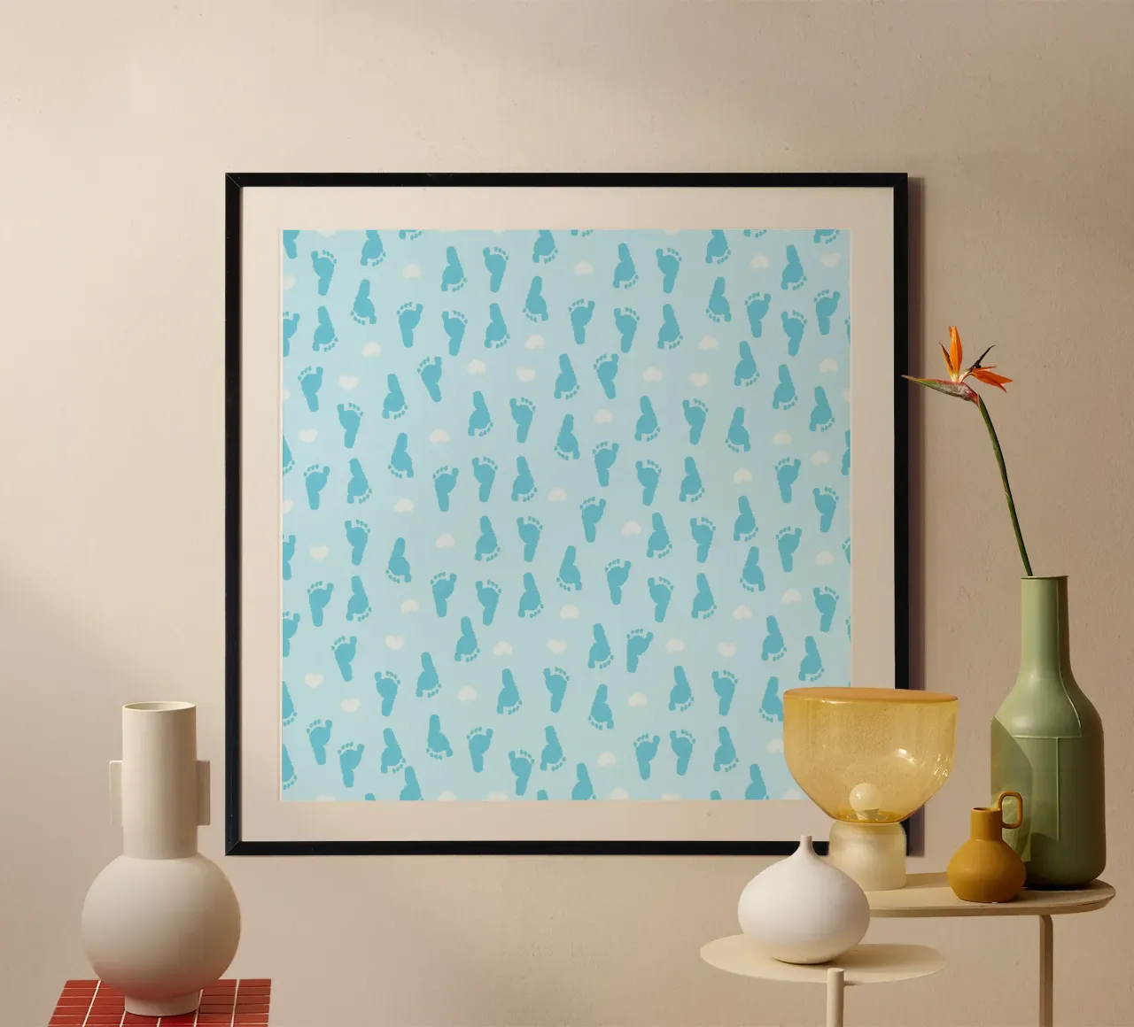 Baby foot print and hearts pattern with blue background hahnemühle by gulsengunel