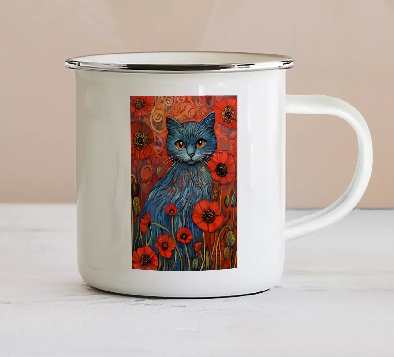 Gatto blu e papavero rosso tazza in smalto da Art-Nouveau-Dsg