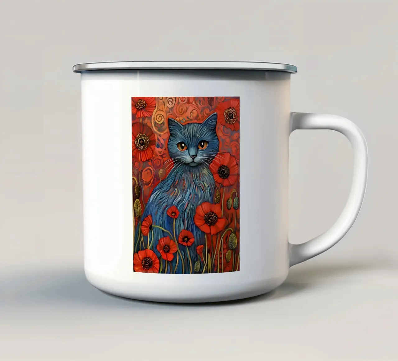Gatto blu e papavero rosso tazza in smalto da Art-Nouveau-Dsg