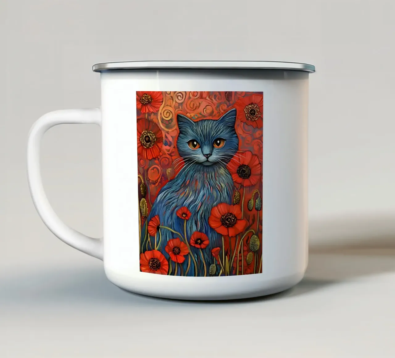 Gatto blu e papavero rosso tazza in smalto da Art-Nouveau-Dsg