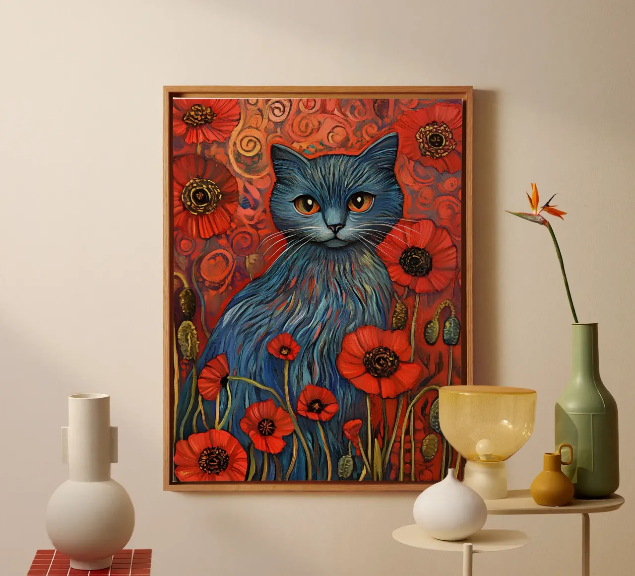 Blaue Katze und roter Mohn Leinwand mit Schattenfugenrahmen von Art-Nouveau-Dsg