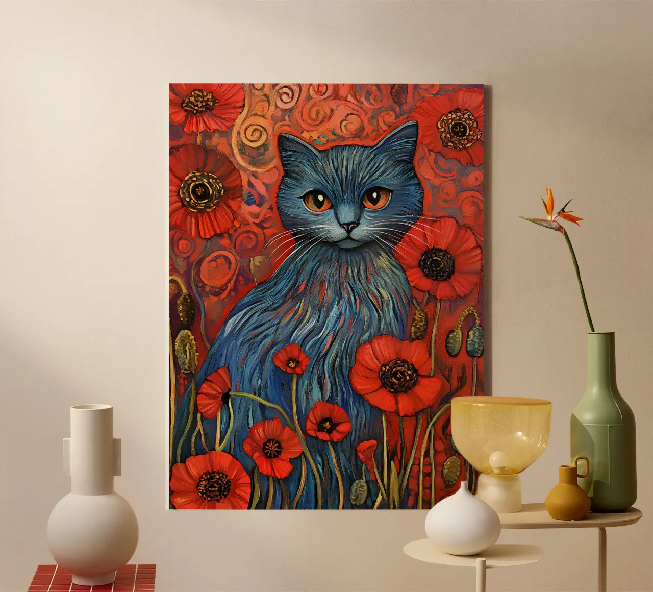 Blaue Katze und roter Mohn Leinwand mit Schattenfugenrahmen von Art-Nouveau-Dsg