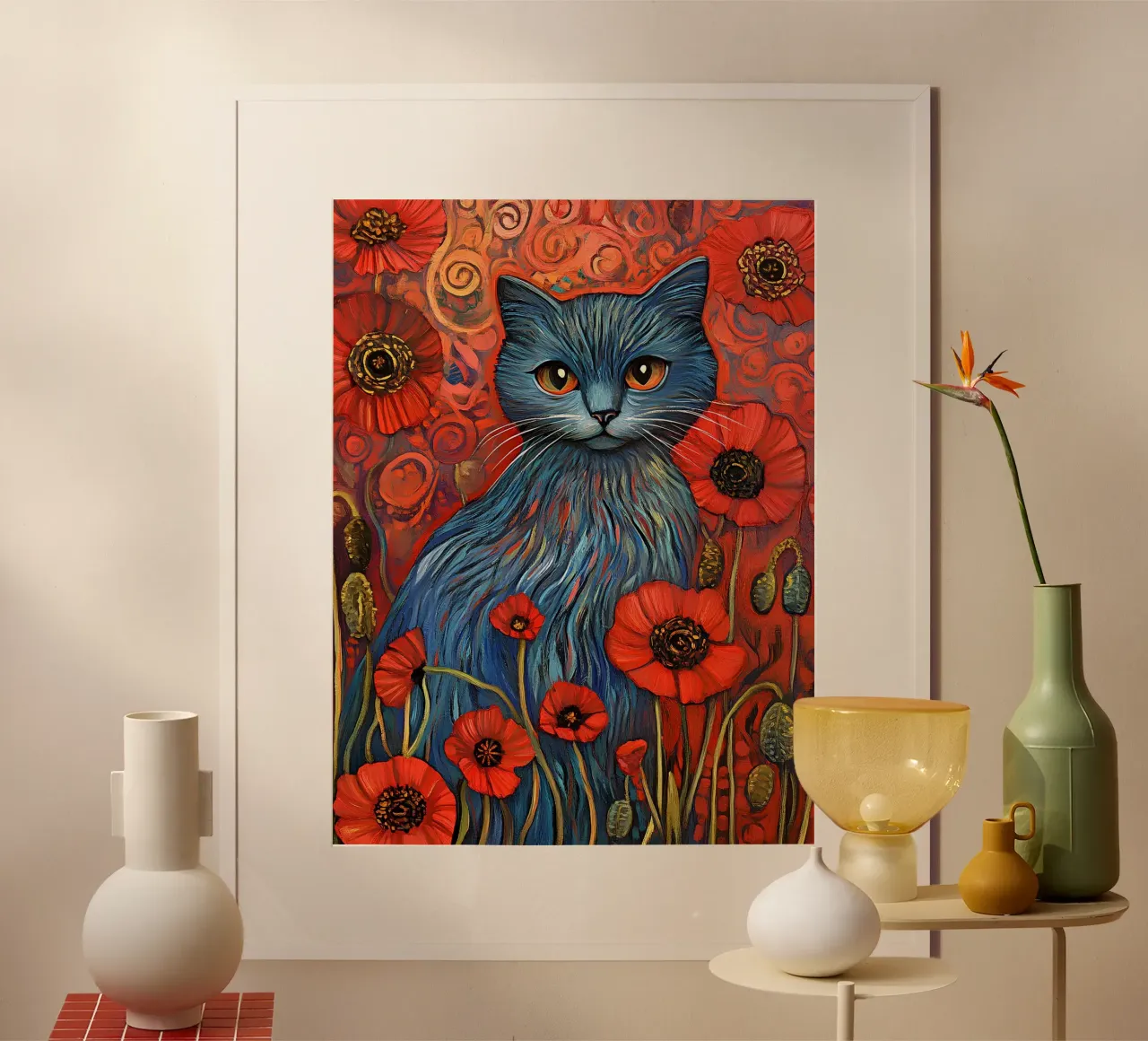 Gatto blu e papavero rosso poster da Art-Nouveau-Dsg