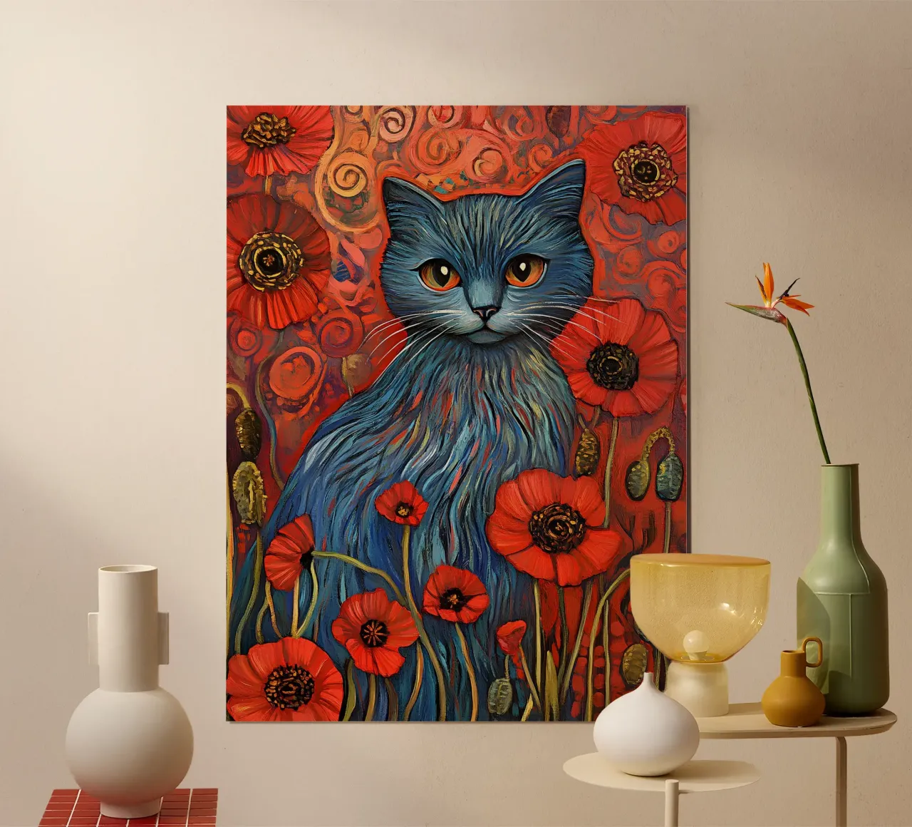 Gatto blu e papavero rosso poster da Art-Nouveau-Dsg