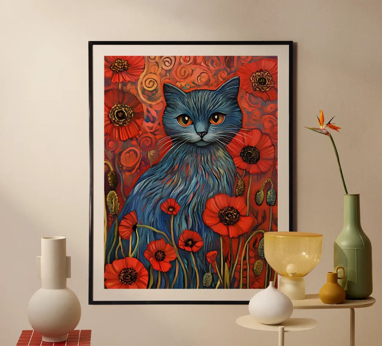 Gatto blu e papavero rosso poster da Art-Nouveau-Dsg