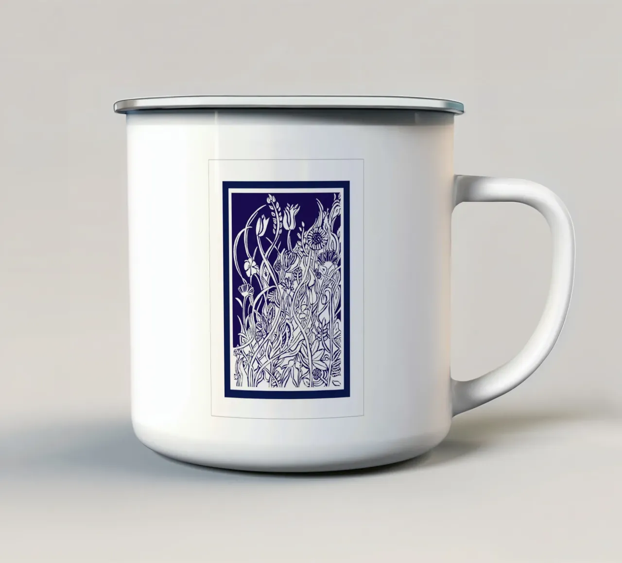 Nazomer - silhouet ziet er wit uit op een blauwe achtergrond emaille mok van PaperLine Art