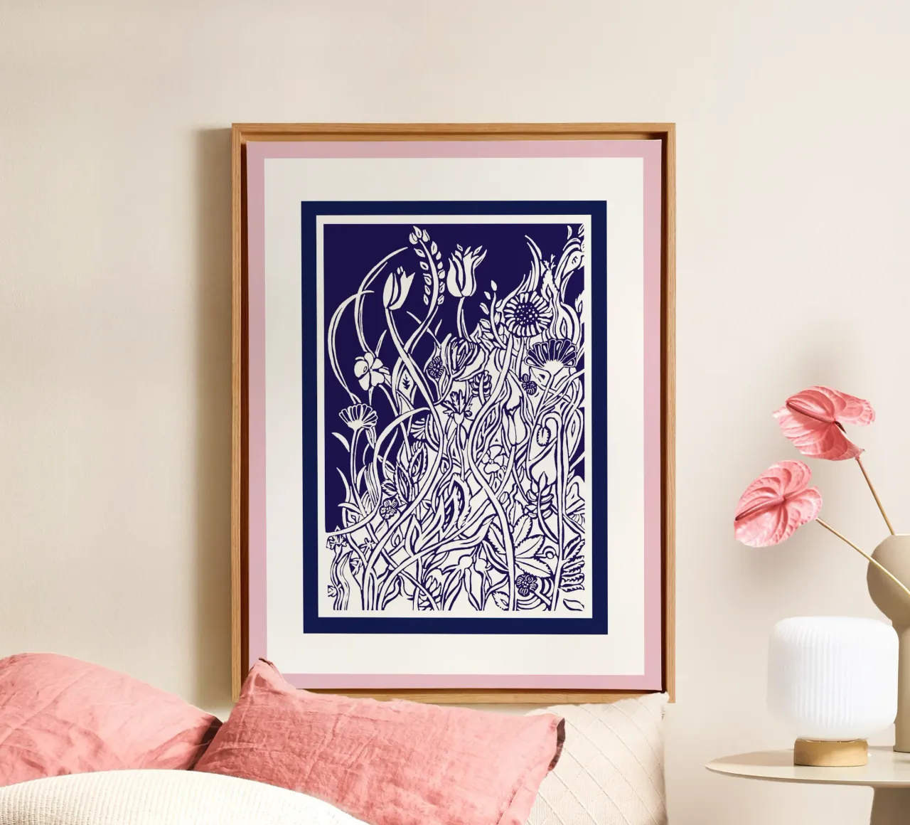 Nazomer - silhouet ziet er wit uit op een blauwe achtergrond canvas met Baklijst van PaperLine Art