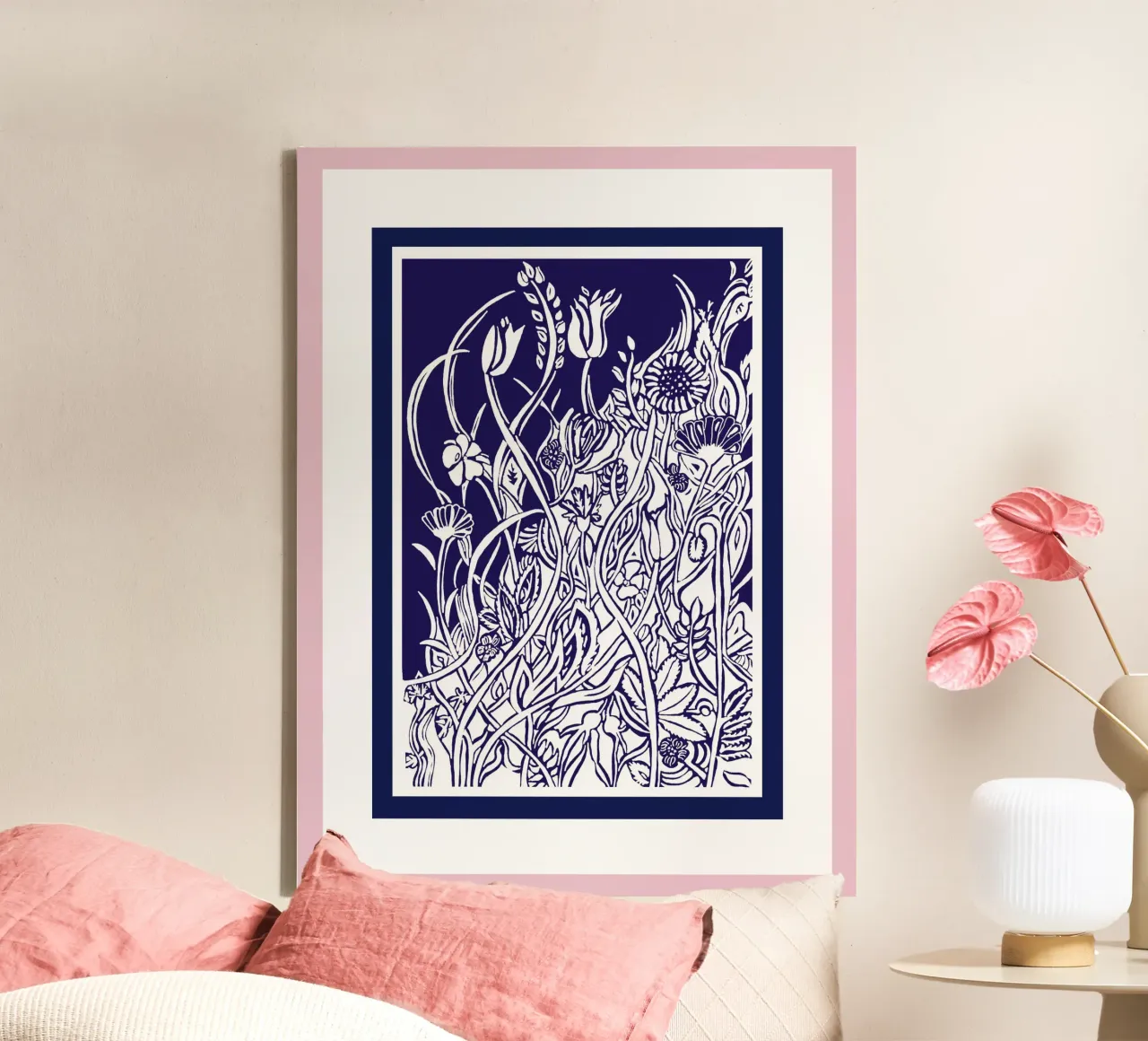 Nazomer - silhouet ziet er wit uit op een blauwe achtergrond canvas met Baklijst van PaperLine Art