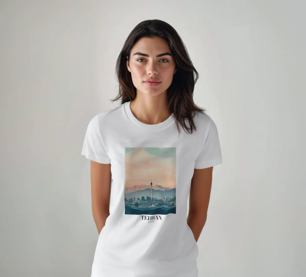 Tehran Skyline Art Print - Milad Tower & Mountains t-shirt by homdeco