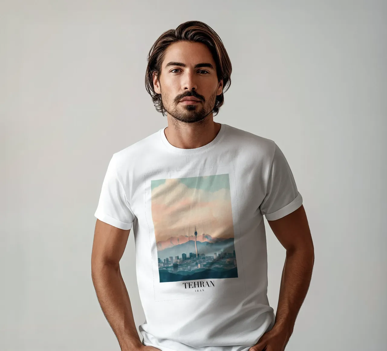 Tehran Skyline Art Print - Milad Tower & Mountains t-shirt by homdeco