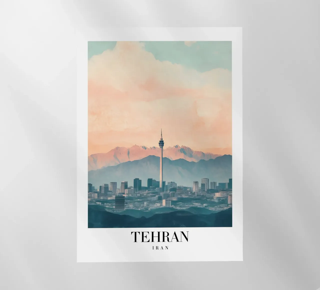 Tehran Skyline Art Print - Milad Tower & Mountains backlit film by homdeco