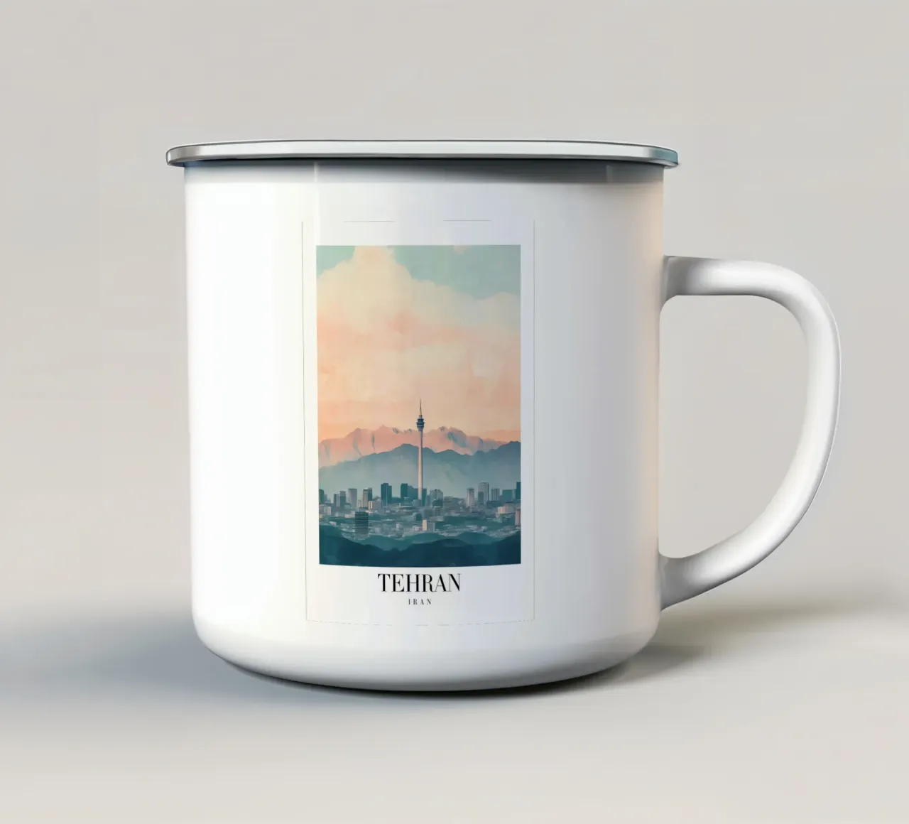 Teheran Skyline Art Print - Milad Tower & Mountains emaille mok van homdeco