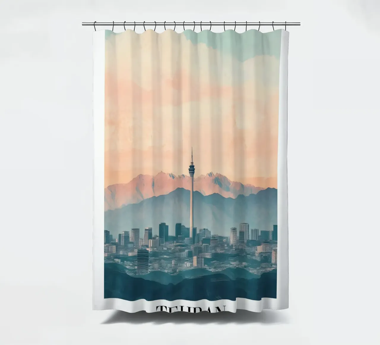 Tehran Skyline Art Print - Milad Tower & Mountains shower curtain by homdeco