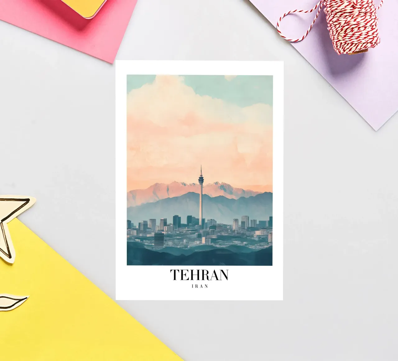 Tehran Skyline Art Print - Milad Tower & Mountains sticker by homdeco
