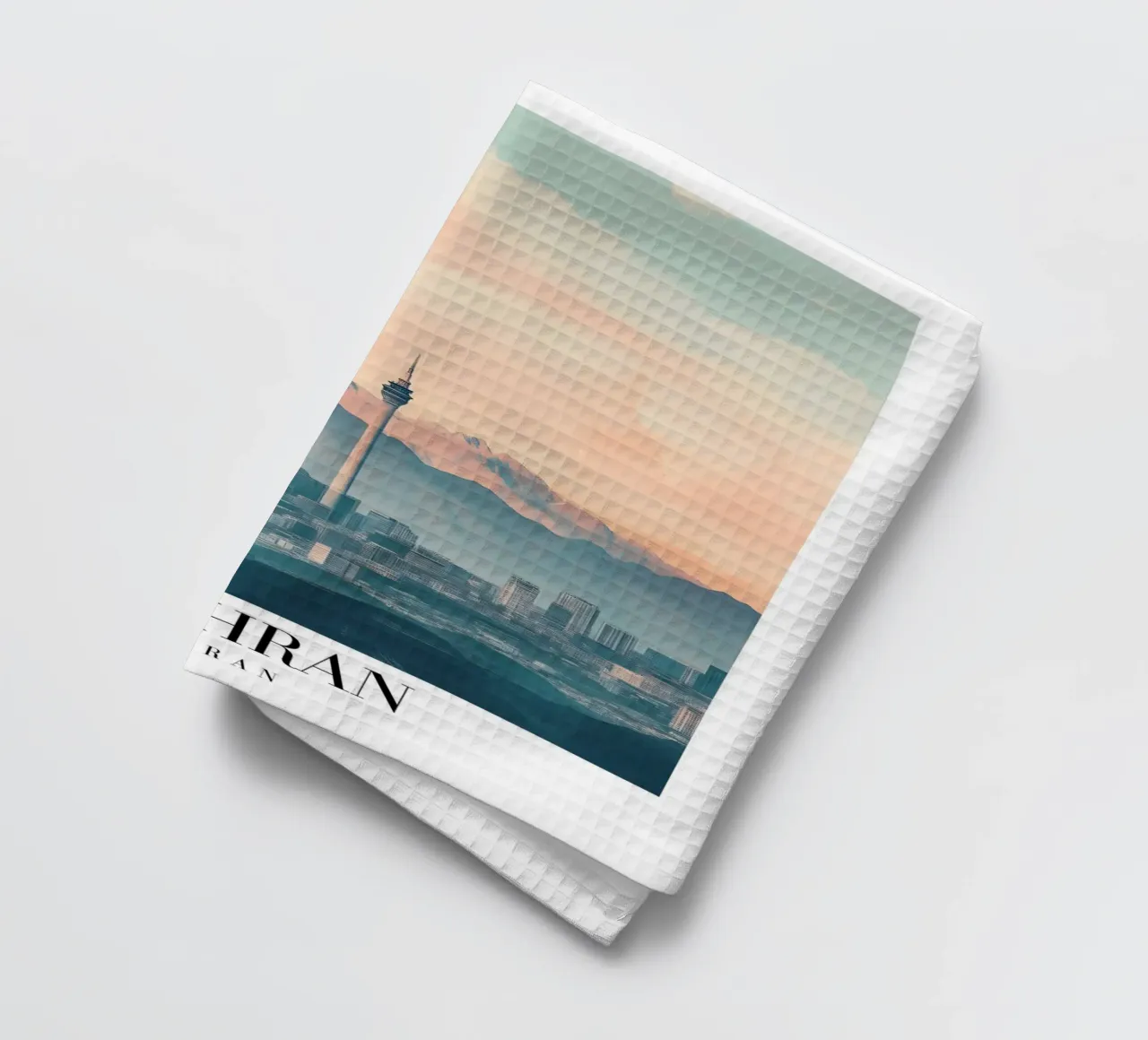 Tehran Skyline Art Print - Milad Tower & Mountains tea towel by homdeco