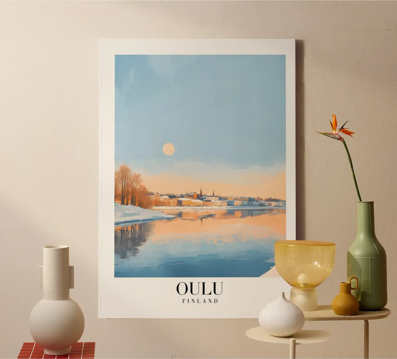 Oulu Finland Zonsondergang rivier Art Print - Nordic Winter canvas met Baklijst van homdeco
