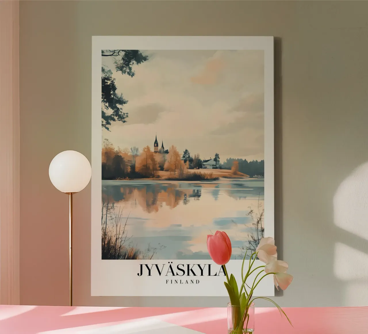 Jyväskylä Finland Meerzicht Kunstdruk - Herfstsereniteit canvas met Baklijst van homdeco