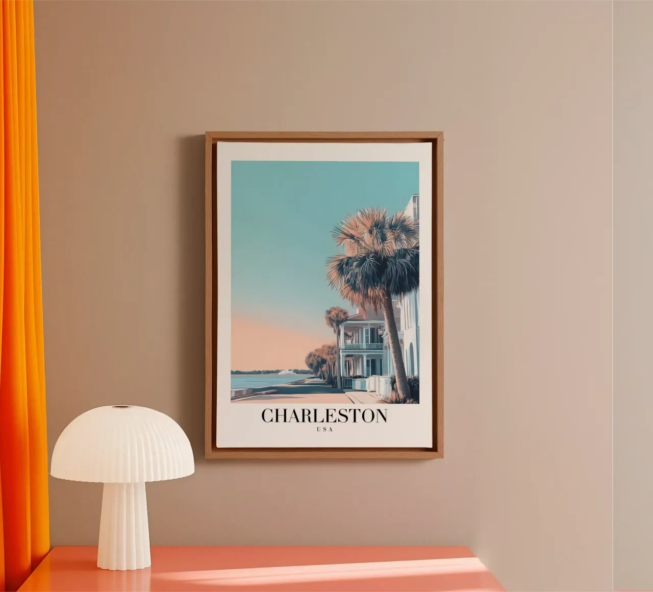 Stampa d'arte sul lungomare di Charleston - Fascino del sud e palme tela con Cornice a cassetta da homdeco