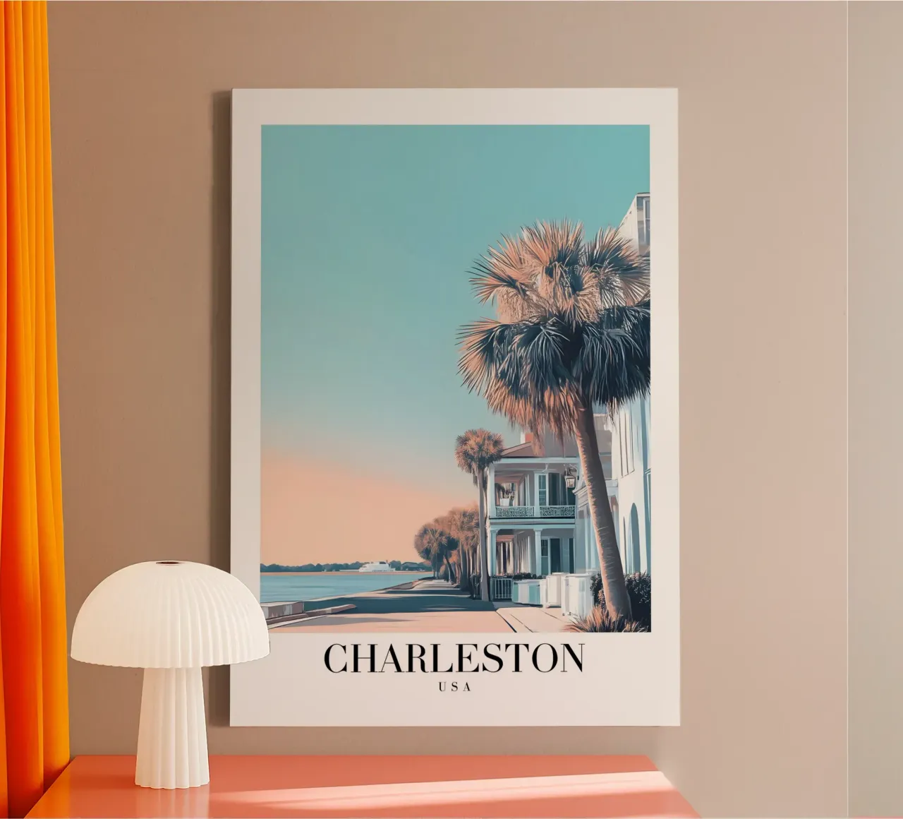Stampa d'arte sul lungomare di Charleston - Fascino del sud e palme tela con Cornice a cassetta da homdeco