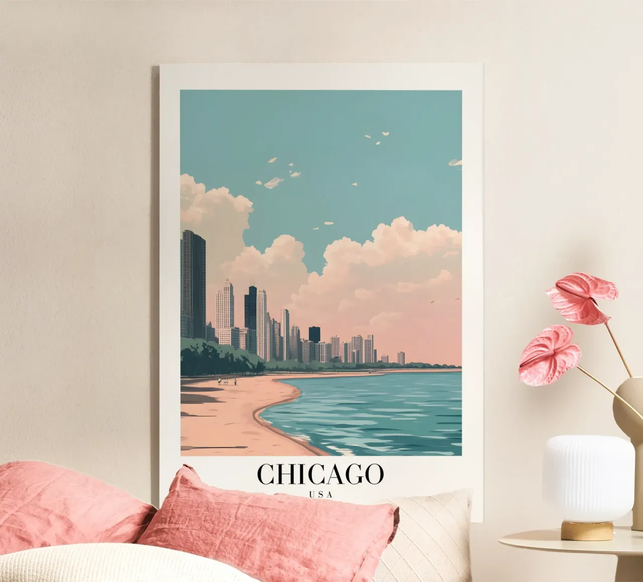 Chicago Meeroever Kunstdruk - Skyline & Strand acryl van homdeco
