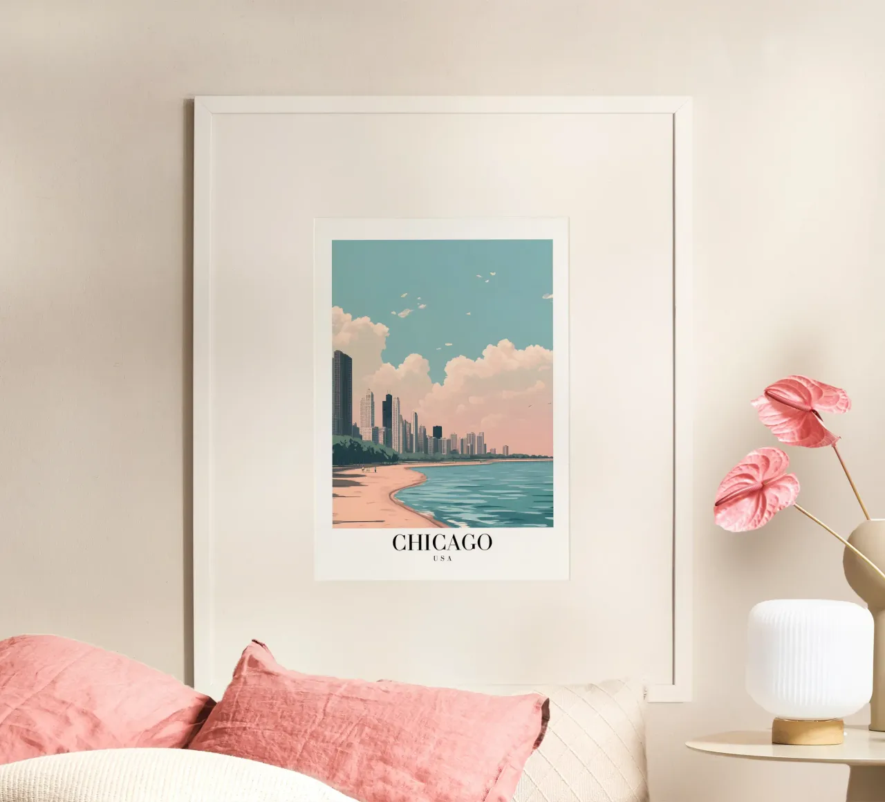 Chicago Lakefront Art Print - Skyline & Beach poster con marco de madera de homdeco
