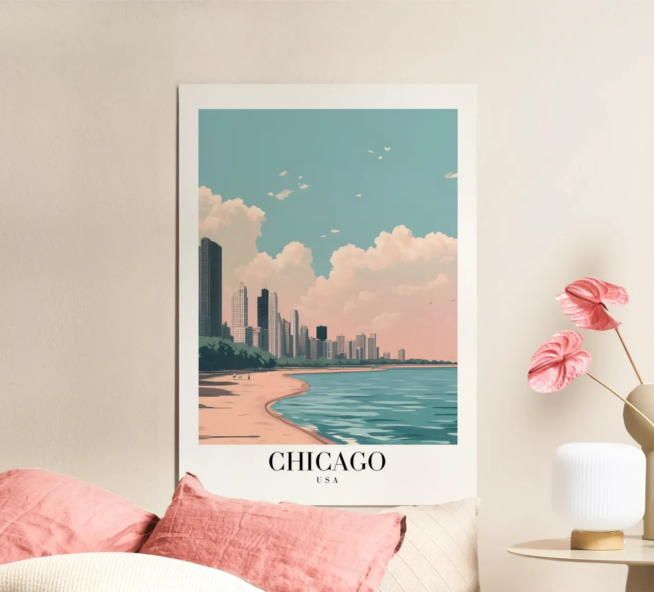 Chicago Lakefront Art Print - Skyline & Beach poster con marco de madera de homdeco