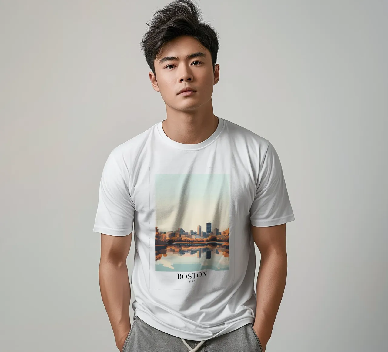 Stampa d'arte sullo skyline di Boston - Riflesso del fiume Charles t-shirt da homdeco