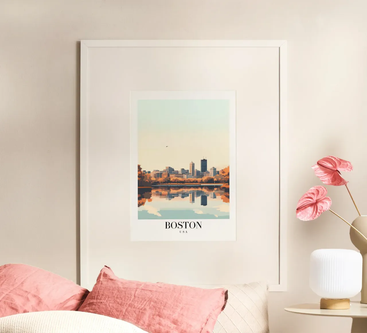 Stampa d'arte sullo skyline di Boston - Riflesso del fiume Charles poster con telaio in plastica da homdeco