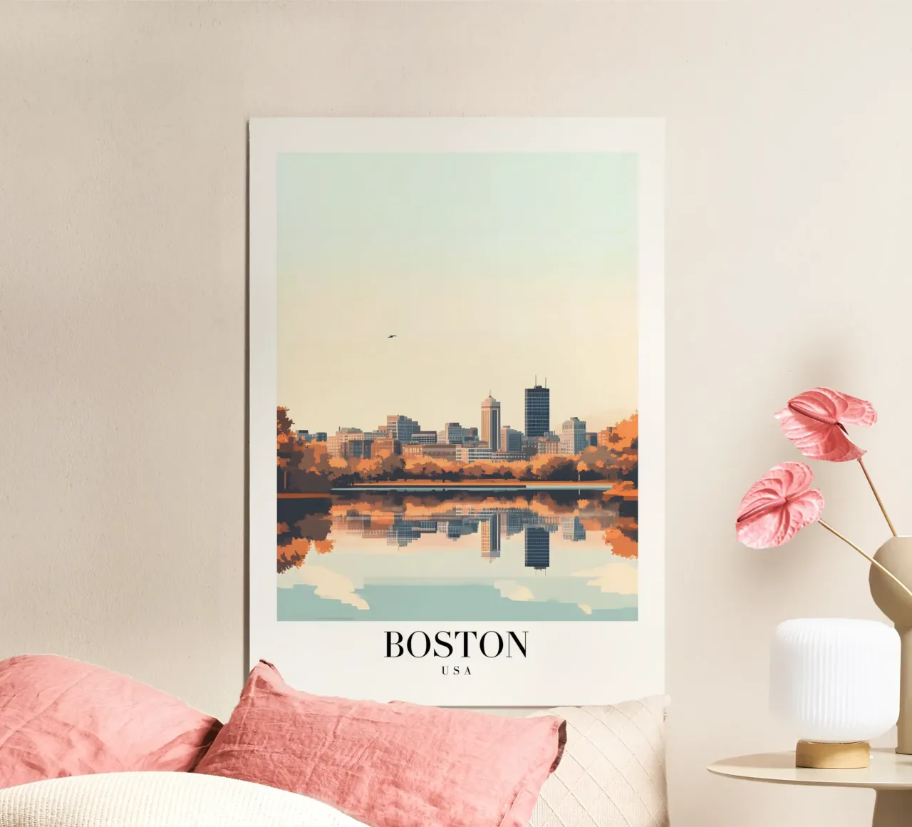 Stampa d'arte sullo skyline di Boston - Riflesso del fiume Charles poster con telaio in plastica da homdeco