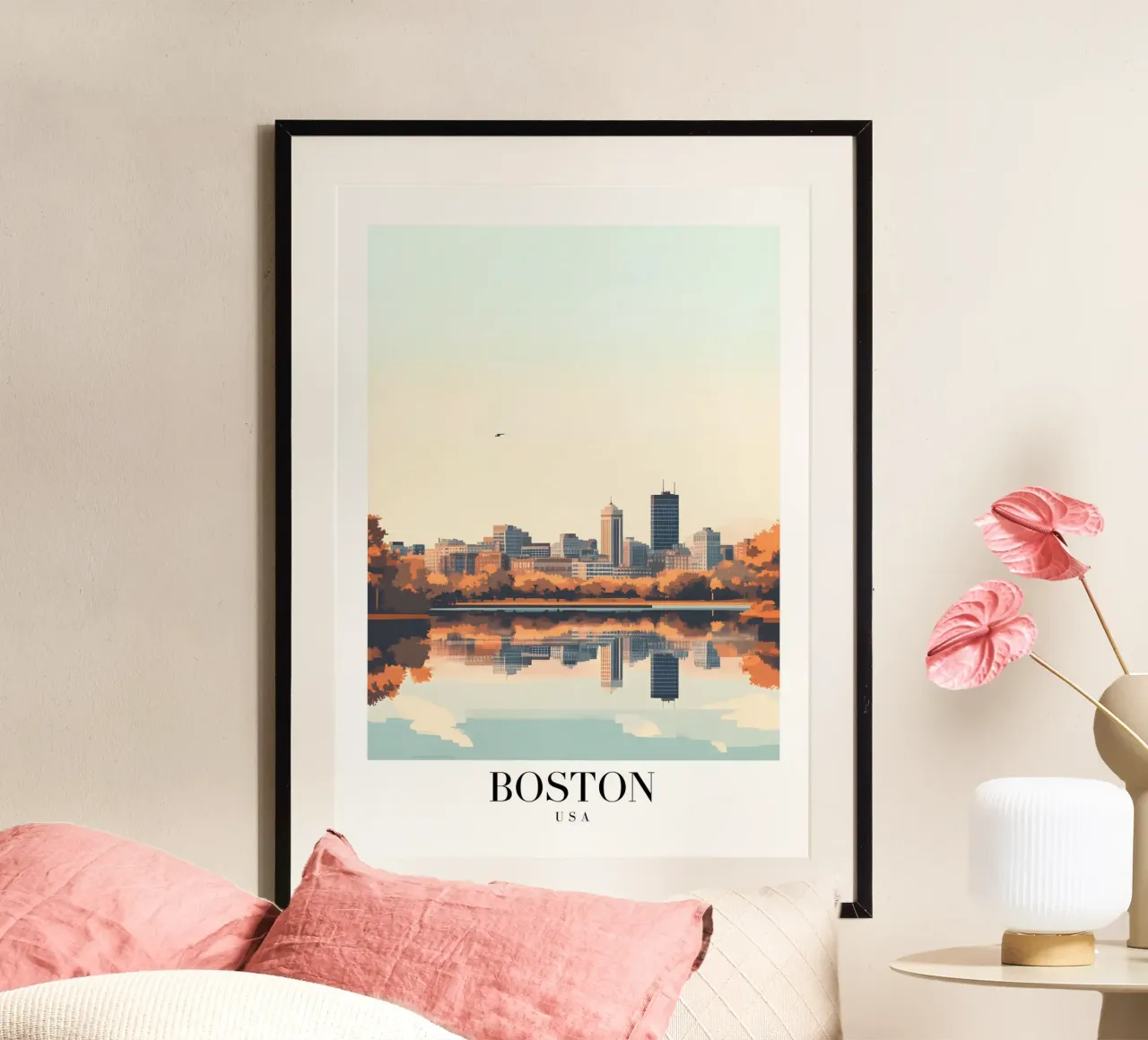Stampa d'arte sullo skyline di Boston - Riflesso del fiume Charles poster con telaio in plastica da homdeco