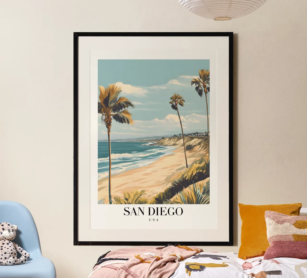 Stampa d'arte sulla spiaggia di San Diego - Costa e palme della California poster con telaio in legno da homdeco