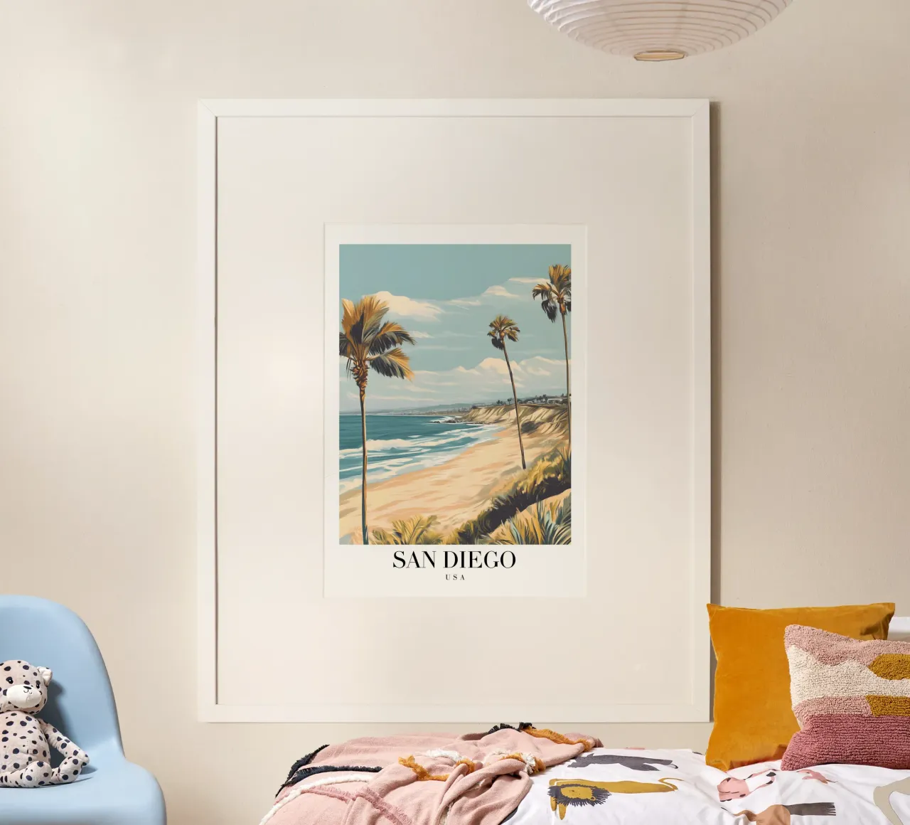 Stampa d'arte sulla spiaggia di San Diego - Costa e palme della California poster con telaio in legno da homdeco