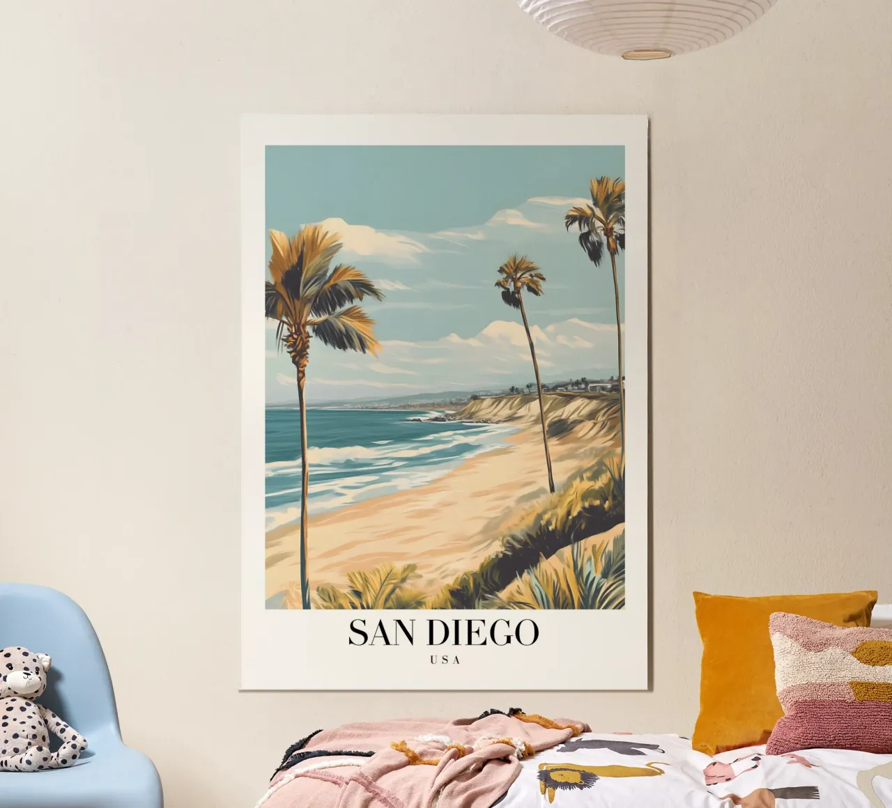 Stampa d'arte sulla spiaggia di San Diego - Costa e palme della California poster con telaio in legno da homdeco