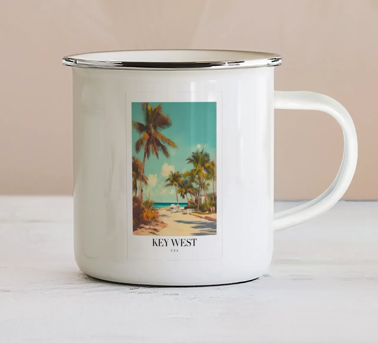 Stampa d'arte sulla spiaggia di Key West - Palme del paradiso tropicale tazza in smalto da homdeco