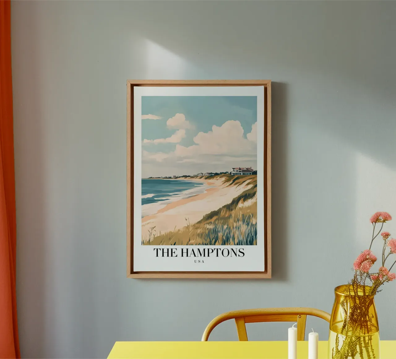 Hamptons Beach Art Print - Vida costera de lujo lienzo con Marco flotante de homdeco