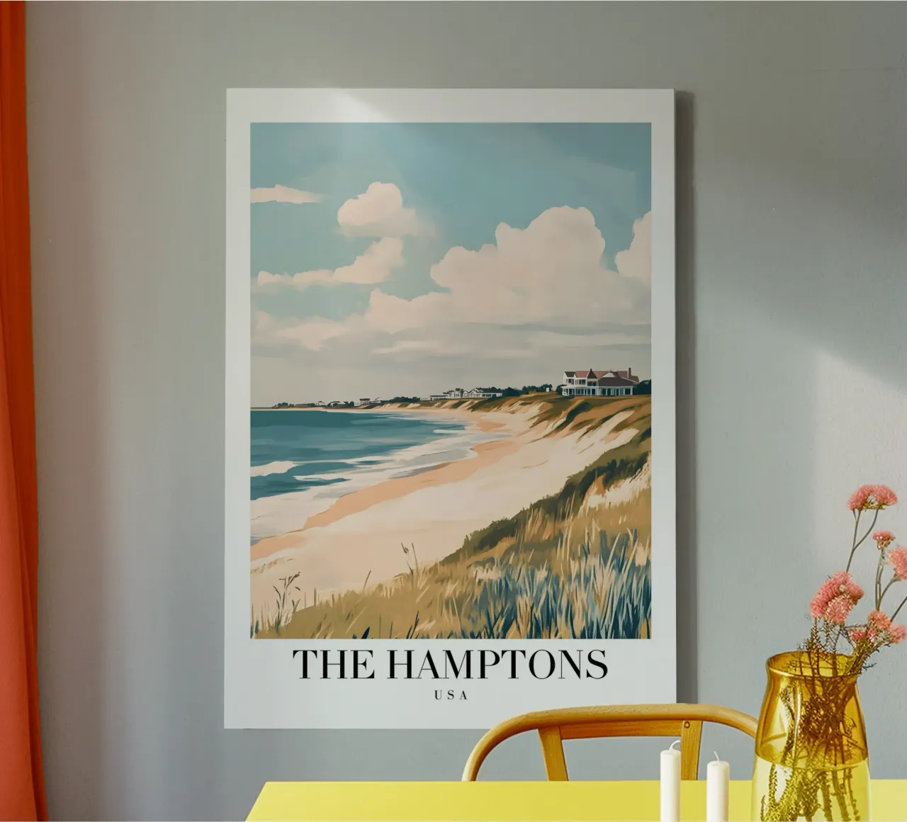 Hamptons Beach Art Print - Vida costera de lujo lienzo con Marco flotante de homdeco