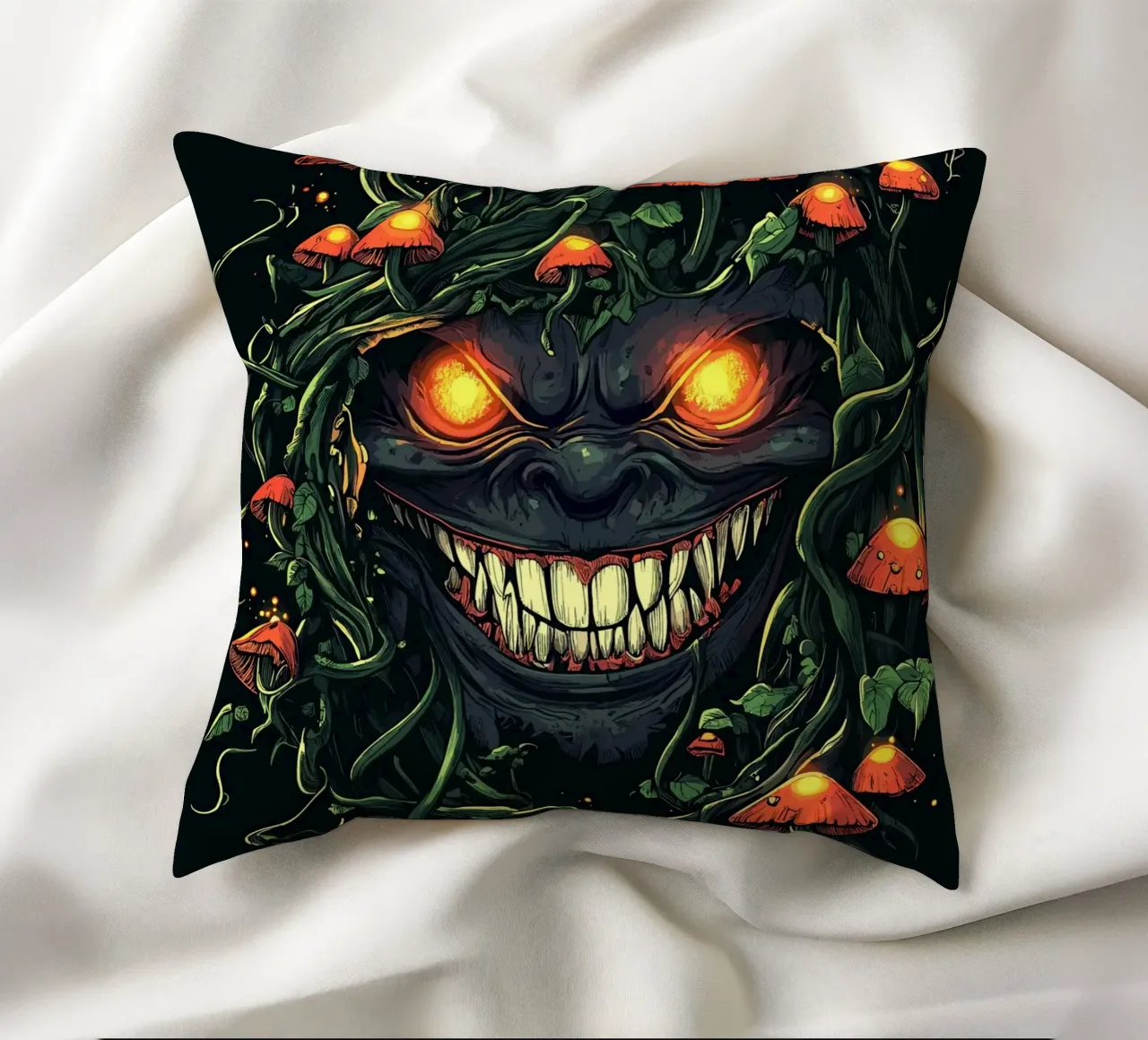 Sorriso demoniaco nella giungla dei funghi cuscino da pixelbull - medieval art and more
