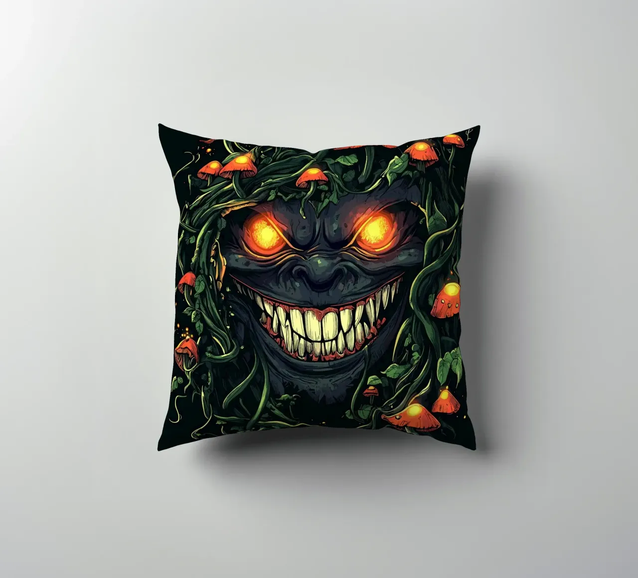 Sorriso demoniaco nella giungla dei funghi cuscino da pixelbull - medieval art and more