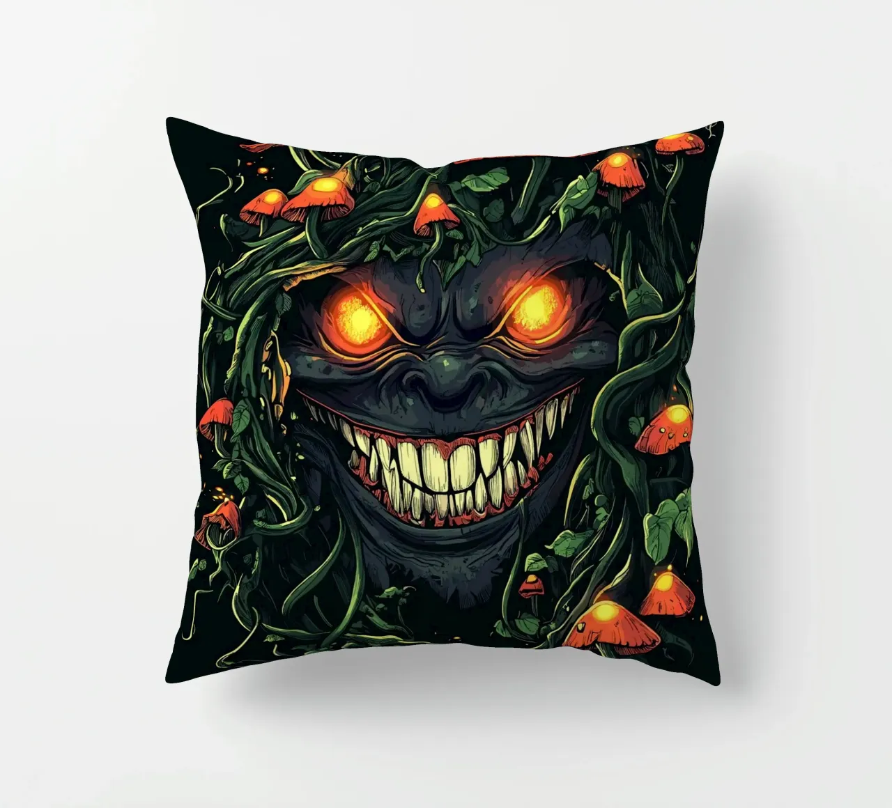 Sorriso demoniaco nella giungla dei funghi cuscino da pixelbull - medieval art and more