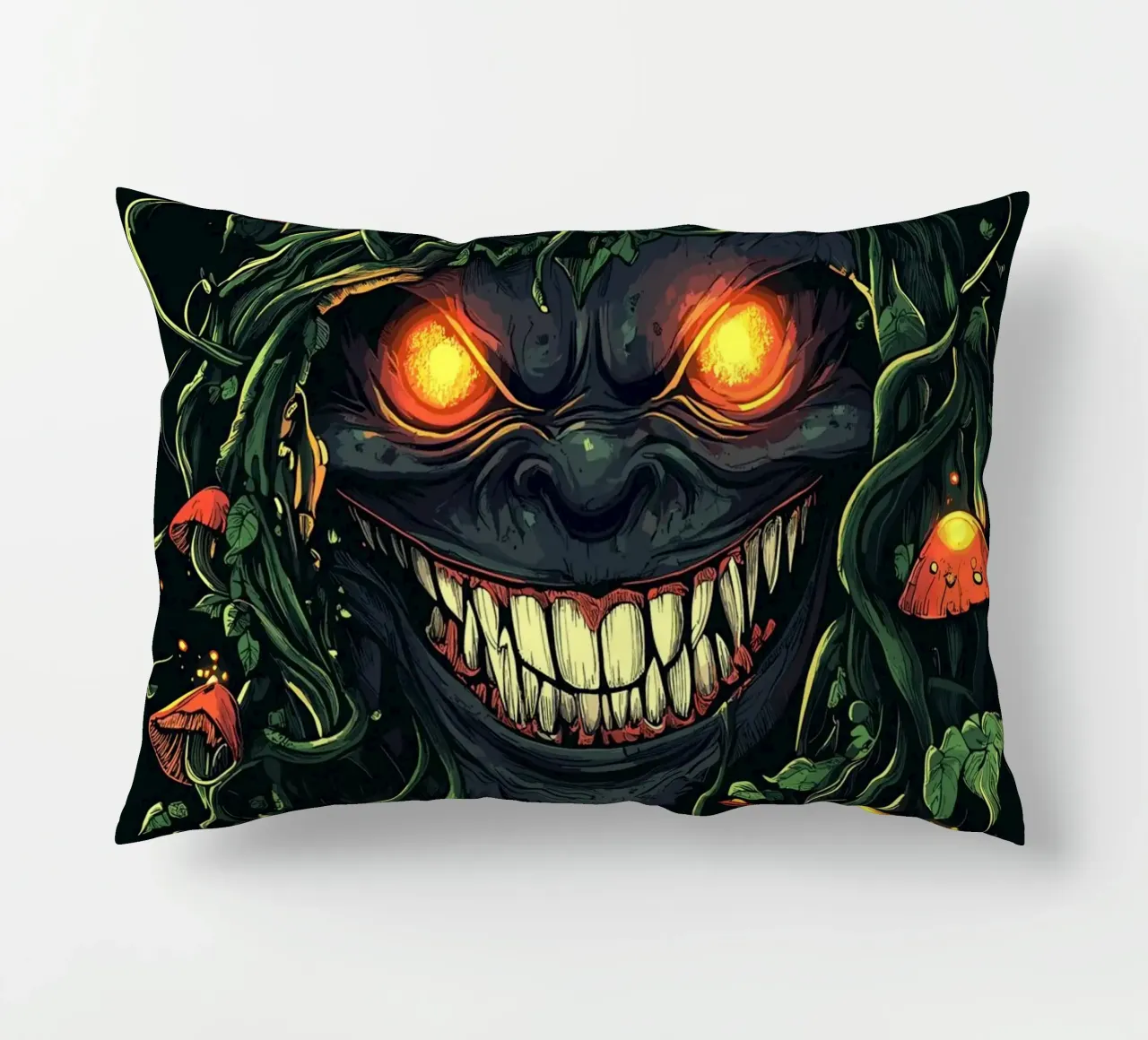 Sorriso demoniaco nella giungla dei funghi cuscino da pixelbull - medieval art and more