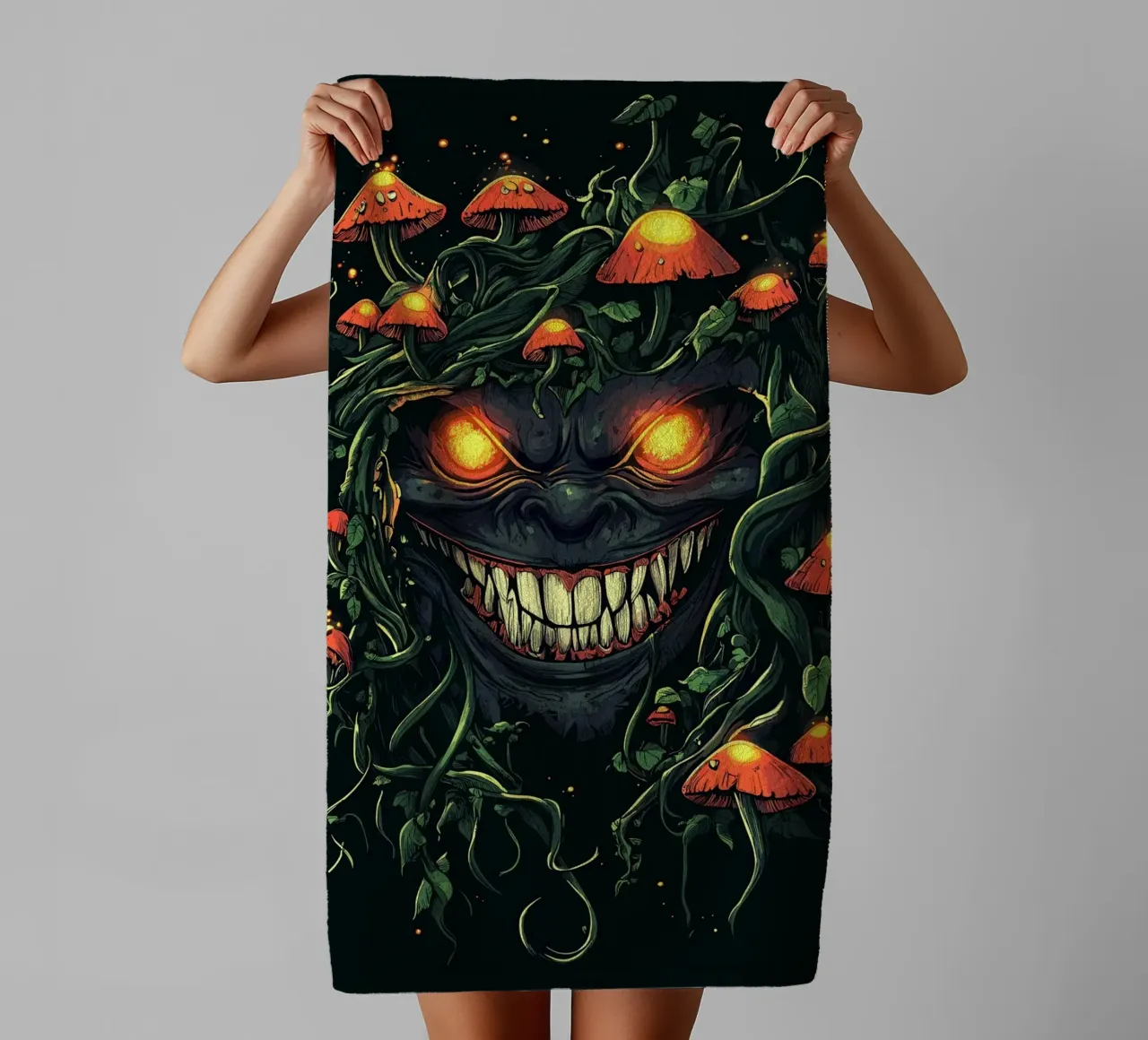 Demonic smile in the mushroom jungle towel by pixelbull - medieval art and more