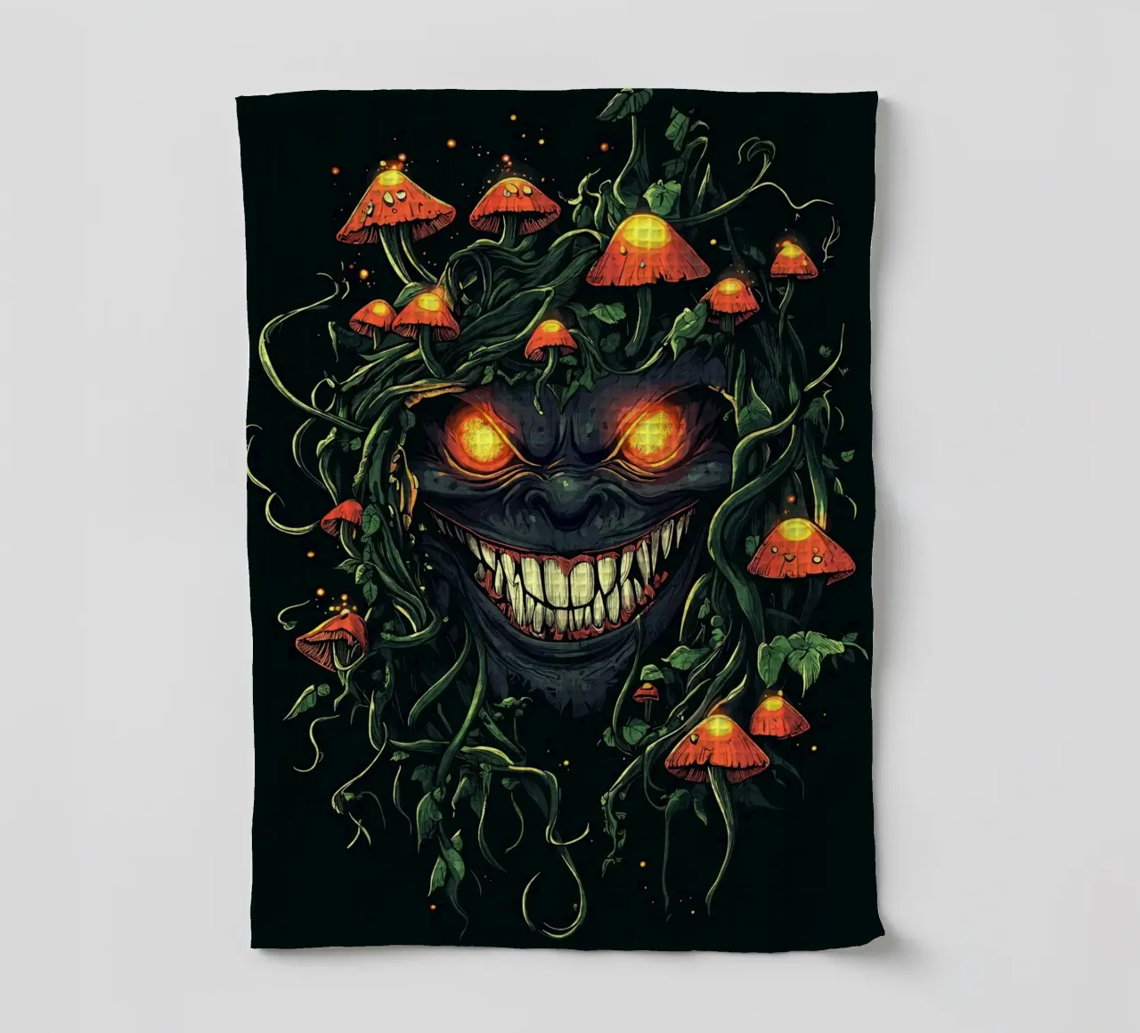 Sourire démoniaque dans la jungle des champignons torchon de pixelbull - medieval art and more