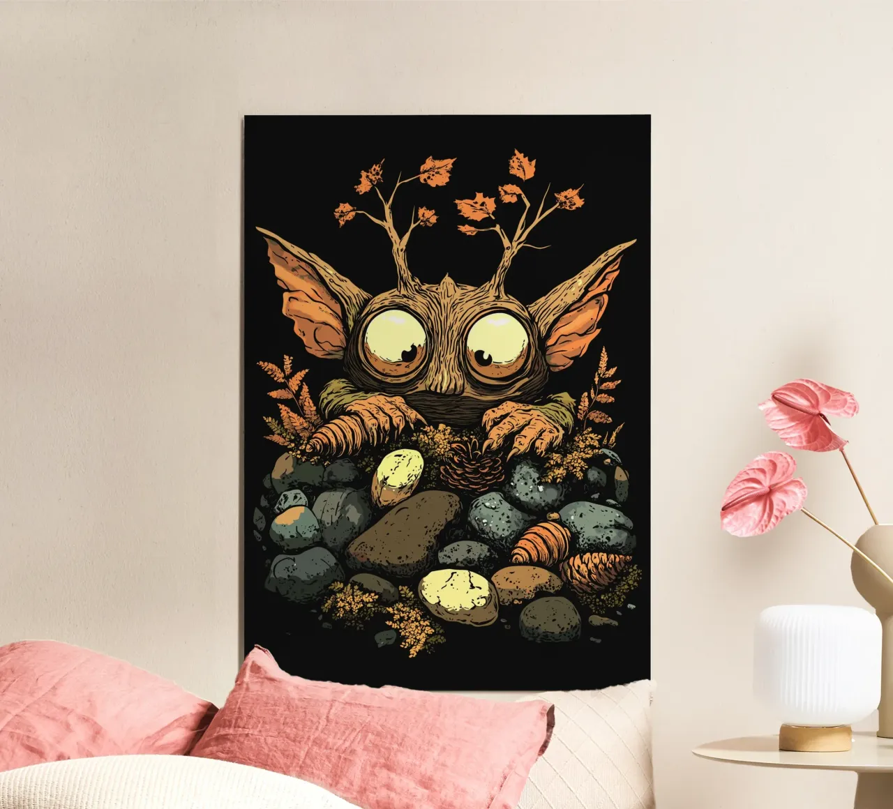 Un curieux habitant de la forêt dans les feuilles mortes poster avec cadre en bois de pixelbull - medieval art and more