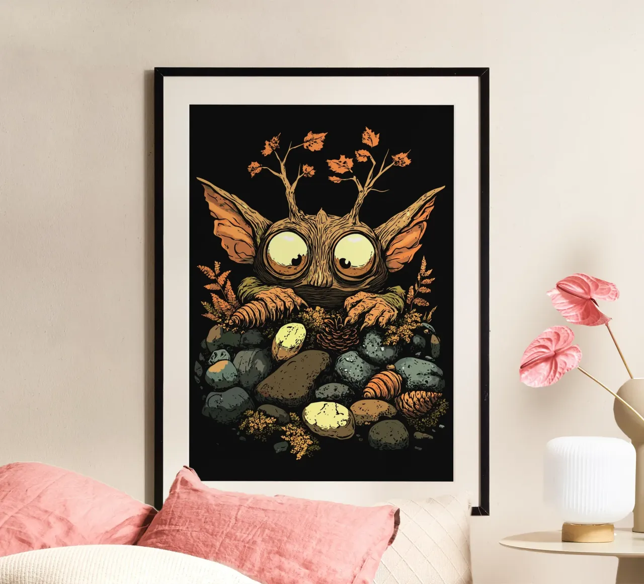 Un curieux habitant de la forêt dans les feuilles mortes poster avec cadre en bois de pixelbull - medieval art and more
