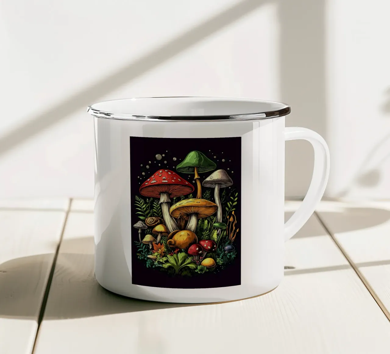 Il paradiso dei funghi colorati tazza in smalto da pixelbull - medieval art and more