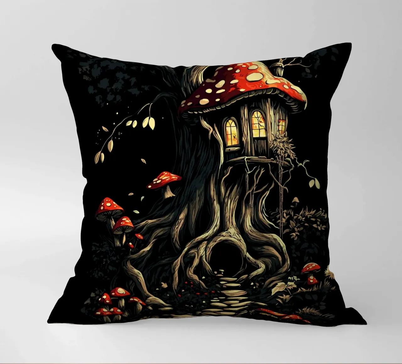 La casa dei funghi nell'albero magico cuscino da pixelbull - medieval art and more