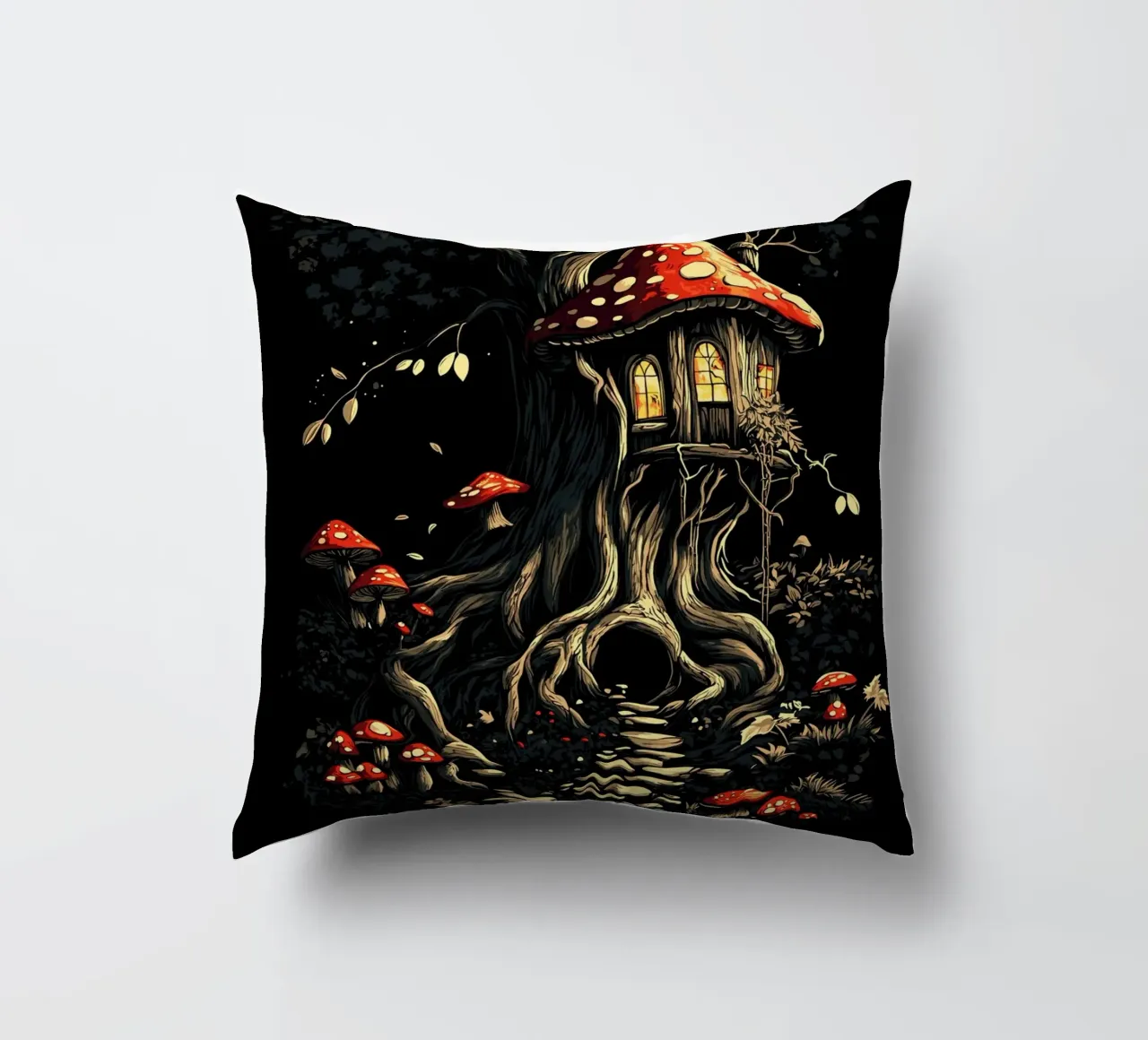 La casa dei funghi nell'albero magico cuscino da pixelbull - medieval art and more