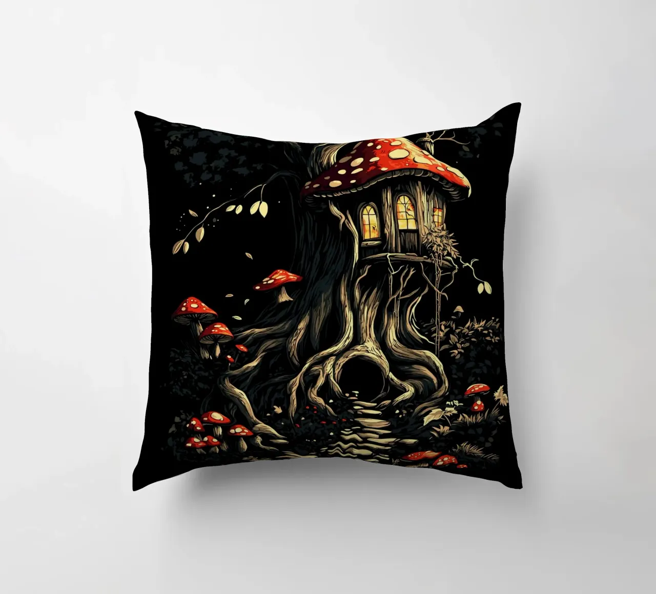La casa dei funghi nell'albero magico cuscino da pixelbull - medieval art and more