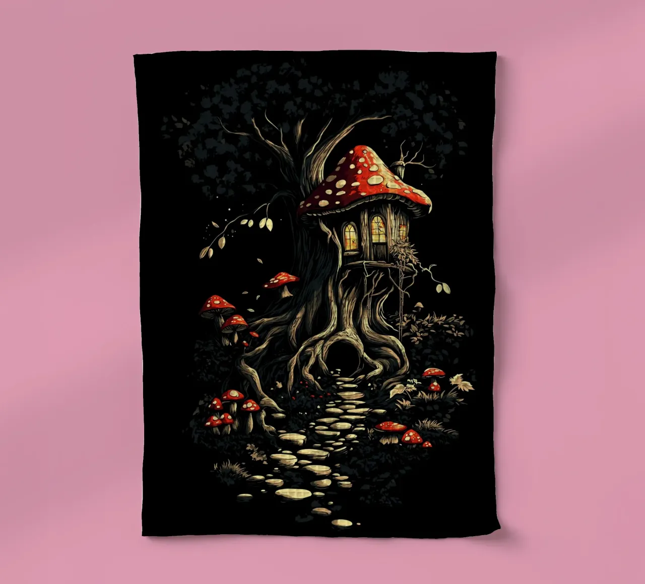 La casa dei funghi nell'albero magico canovaccio da cucina da pixelbull - medieval art and more