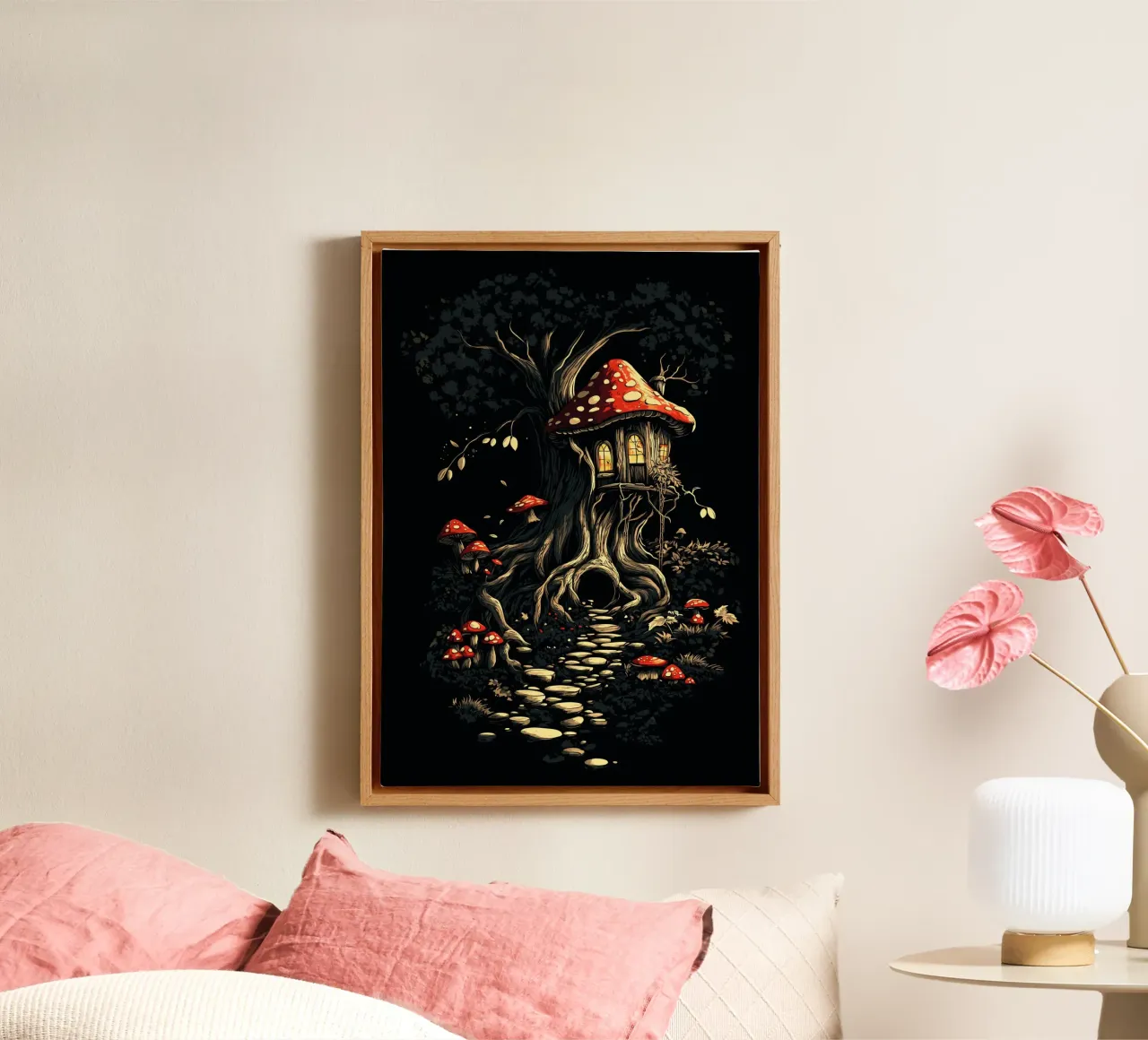 Mushroom house in the magic tree canvas with Floater frame by pixelbull - medieval art and more